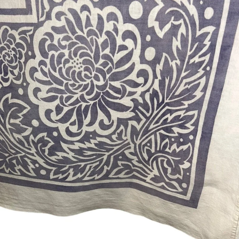 Vintage pale plum white block print painted linen square table cloth 47x48